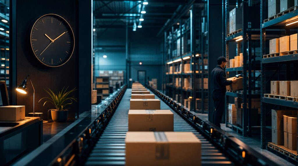 Parcels moving through a just-in-time warehouse conveyor system