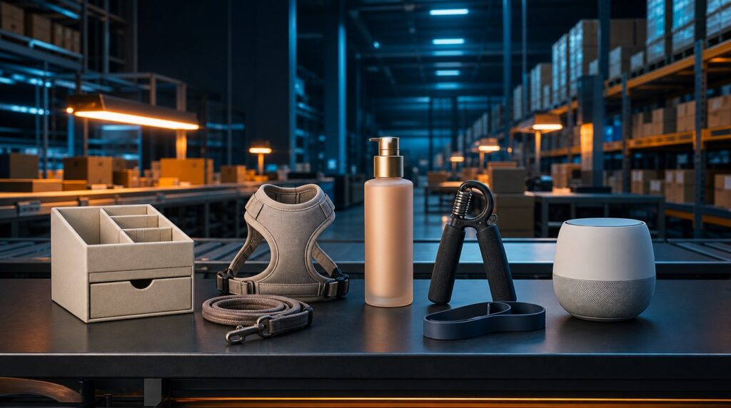 Curated unbranded DTC products on a modern fulfillment picking table