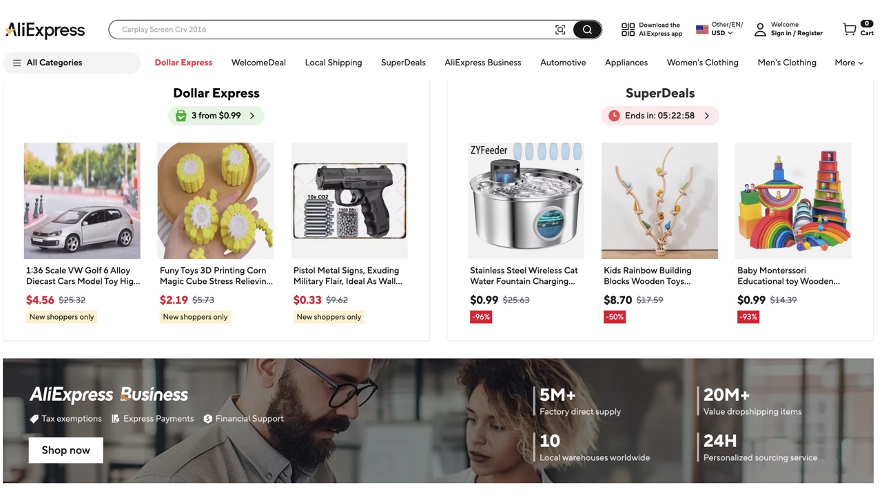 AliExpress official marketplace homepage showing product listings and an AliExpress Business section, captured August 4, 2026