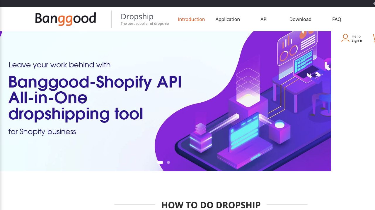Banggood official Dropship Program page showing its Shopify API tool, captured August 4, 2026