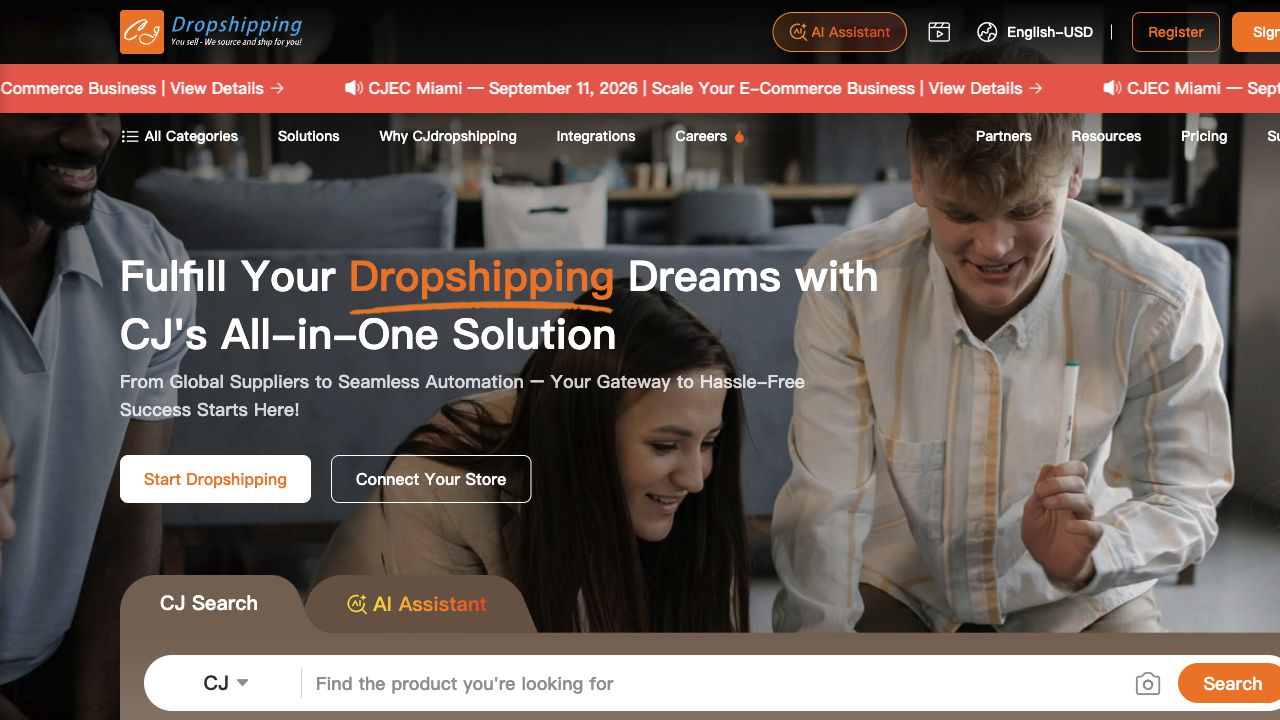 CJdropshipping official homepage presenting its all-in-one dropshipping service, captured August 4, 2026