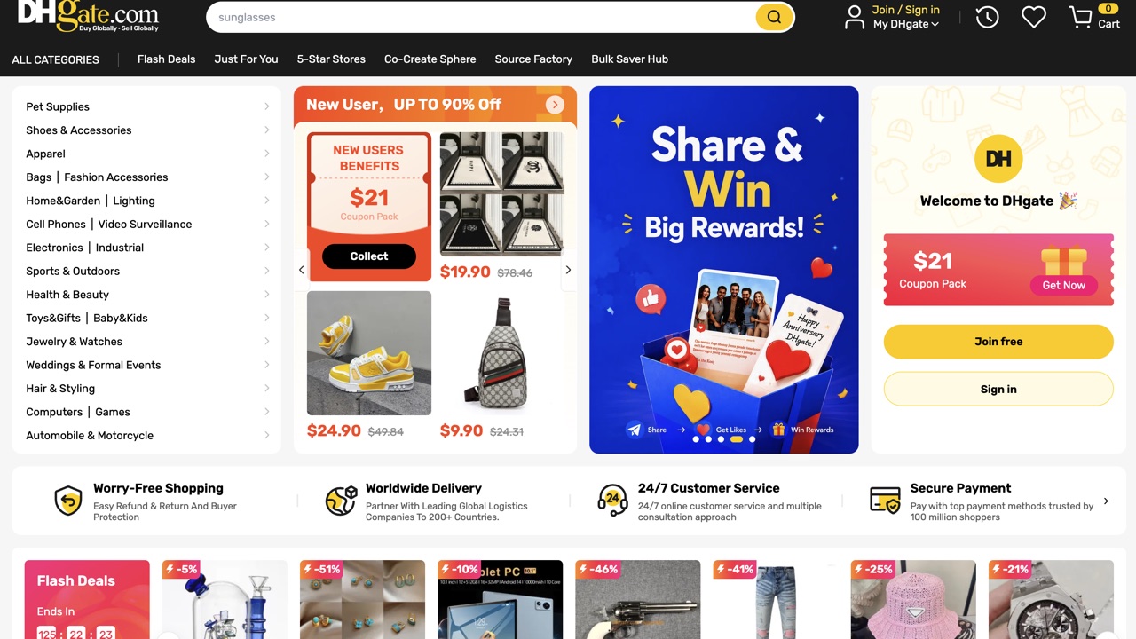 DHgate official marketplace homepage showing product categories, buyer protection, worldwide delivery, and customer service panels, captured August 4, 2026