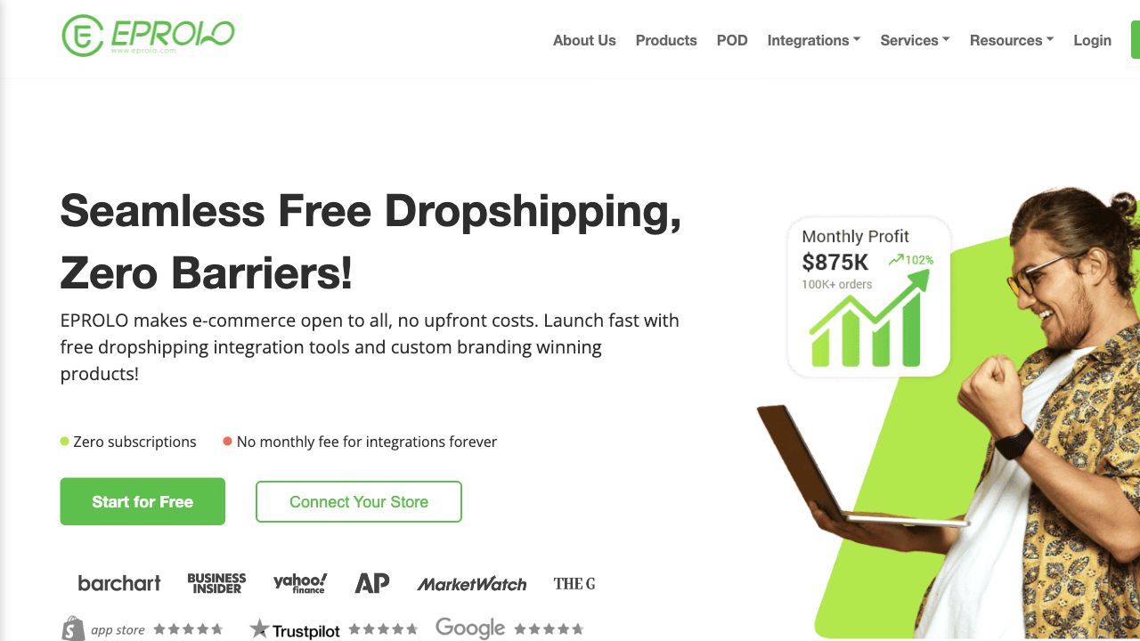 EPROLO official homepage presenting free dropshipping integration and branding, captured August 4, 2026