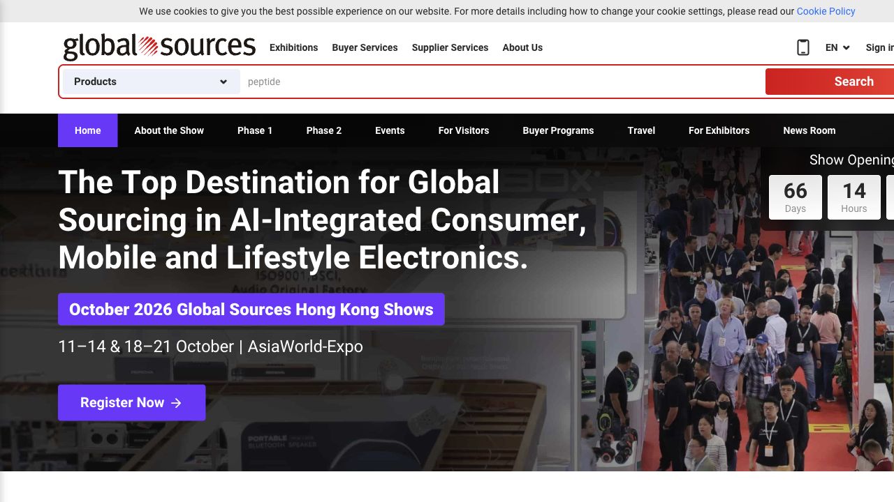 Global Sources official homepage showing its supplier search and Hong Kong trade show, captured August 4, 2026