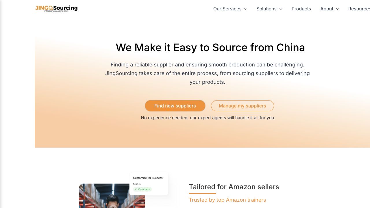JingSourcing official homepage presenting supplier sourcing and management services, captured August 4, 2026