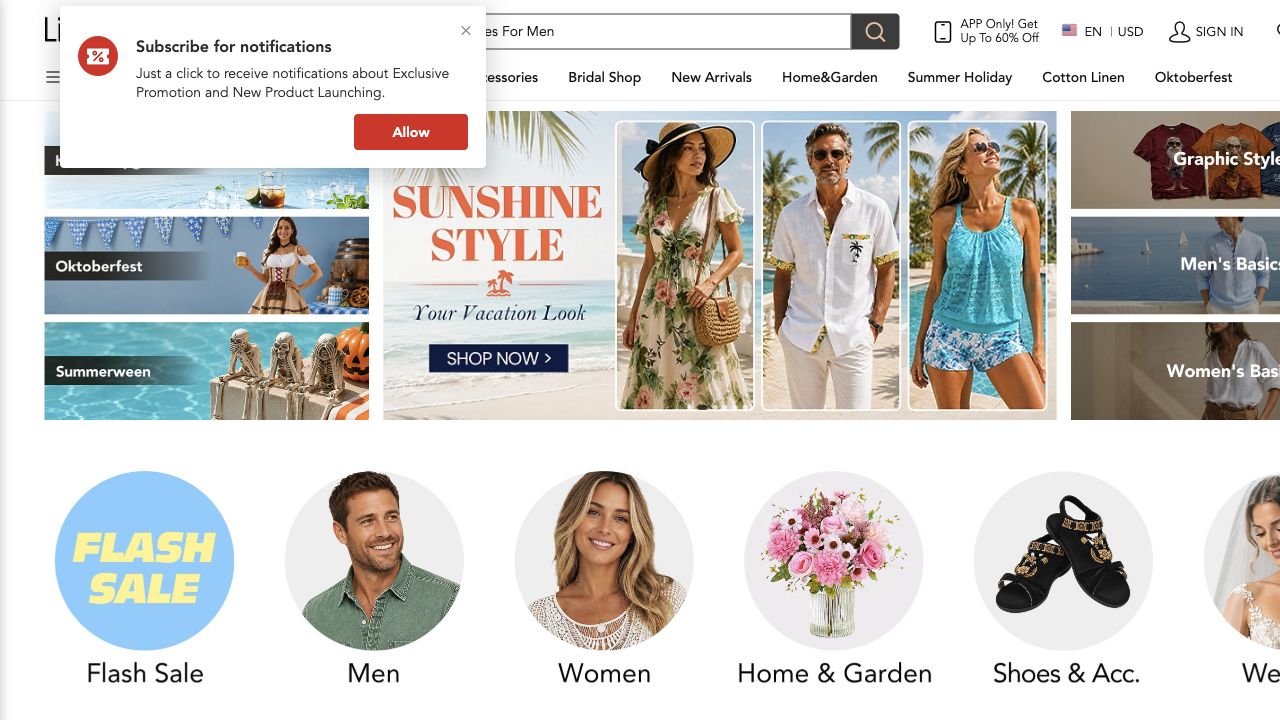 LightInTheBox official homepage showing its fashion and lifestyle retail catalog, captured August 4, 2026