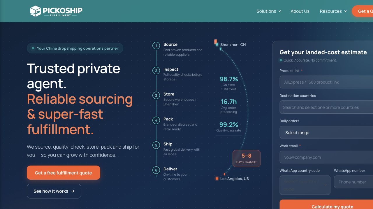PICKOSHIP homepage showing its source inspect store pack ship workflow, captured August 4, 2026
