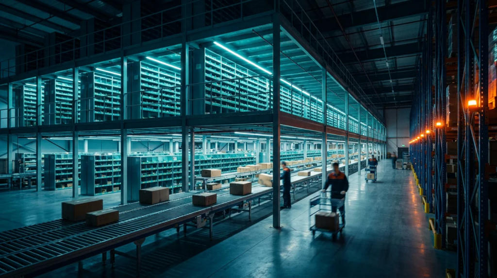 Inside a Pickoship China fulfillment warehouse with conveyor and pick rack system