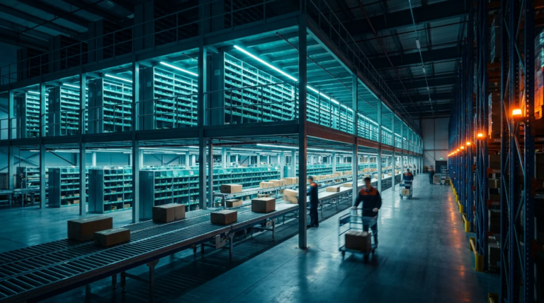 Inside a Pickoship China fulfillment warehouse with conveyor and pick rack system