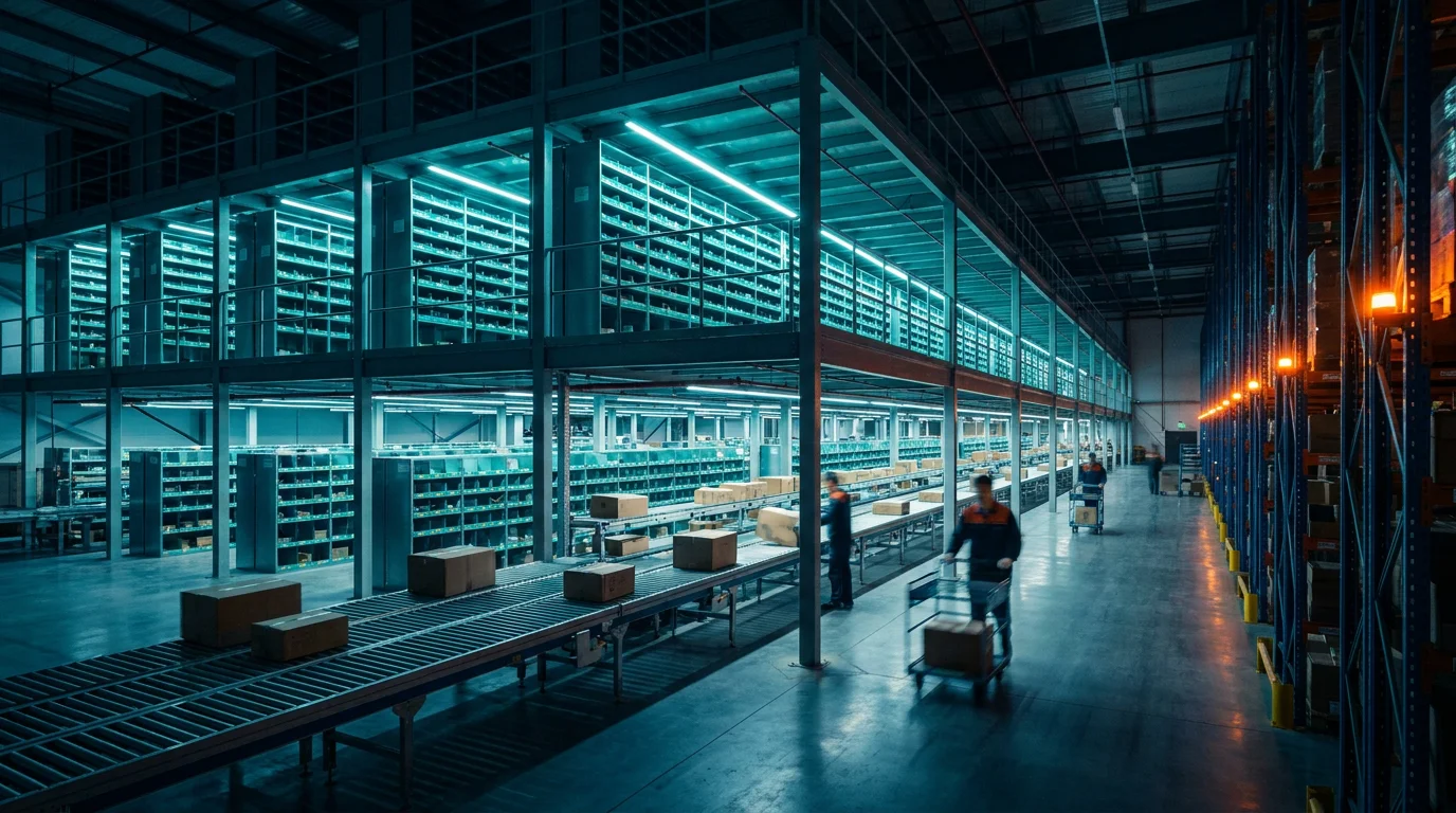 Inside a Pickoship China fulfillment warehouse with conveyor and pick rack system