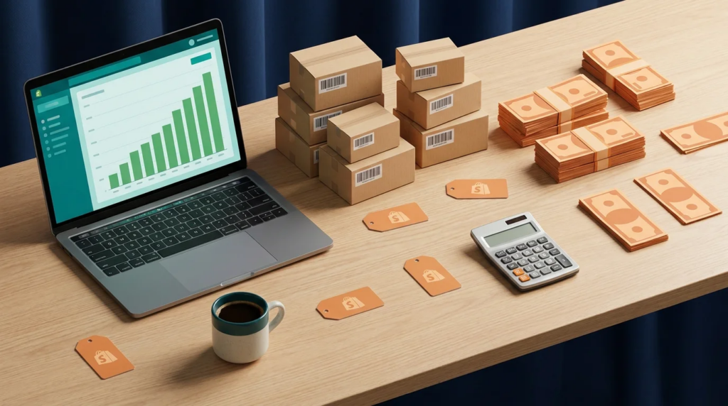 Desk flat-lay showing rising revenue chart with cash and shipping boxes