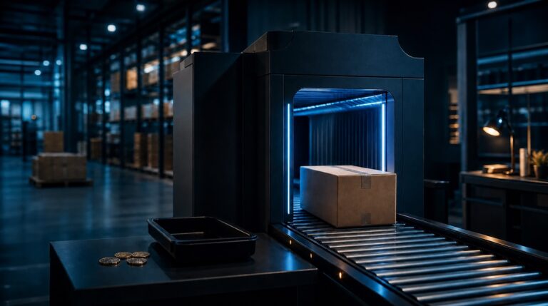 Parcel passing through a customs scanning gate in a fulfillment warehouse