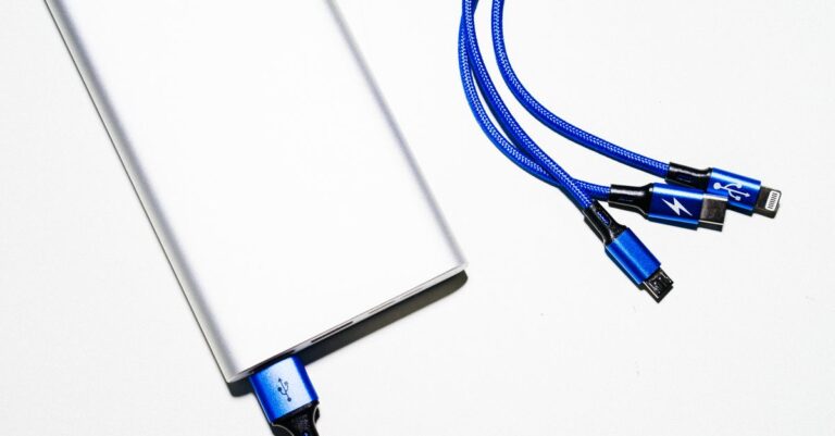 Rechargeable power bank and charging cables representing electronics with built-in batteries
