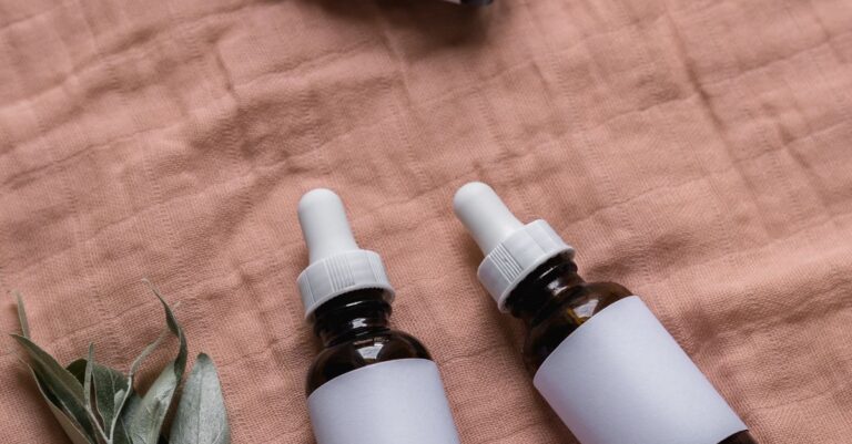 Unbranded dropper bottles representing liquids and non-hazardous chemical products