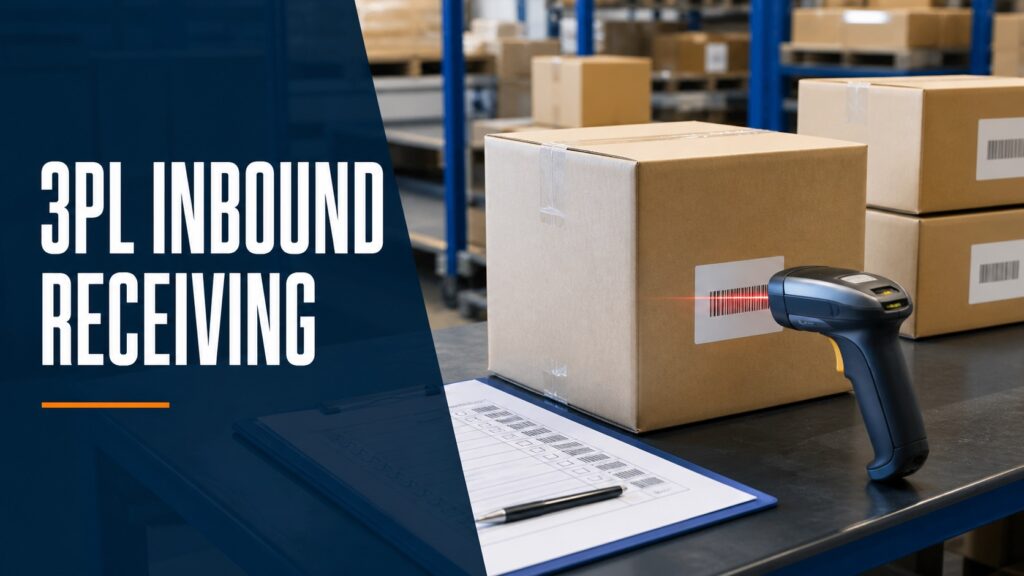Conceptual 3PL inbound receiving workstation with factory carton, barcode scanner and receiving checklist.