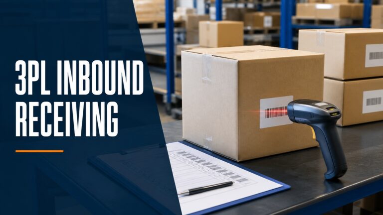 Conceptual 3PL inbound receiving workstation with factory carton, barcode scanner and receiving checklist.