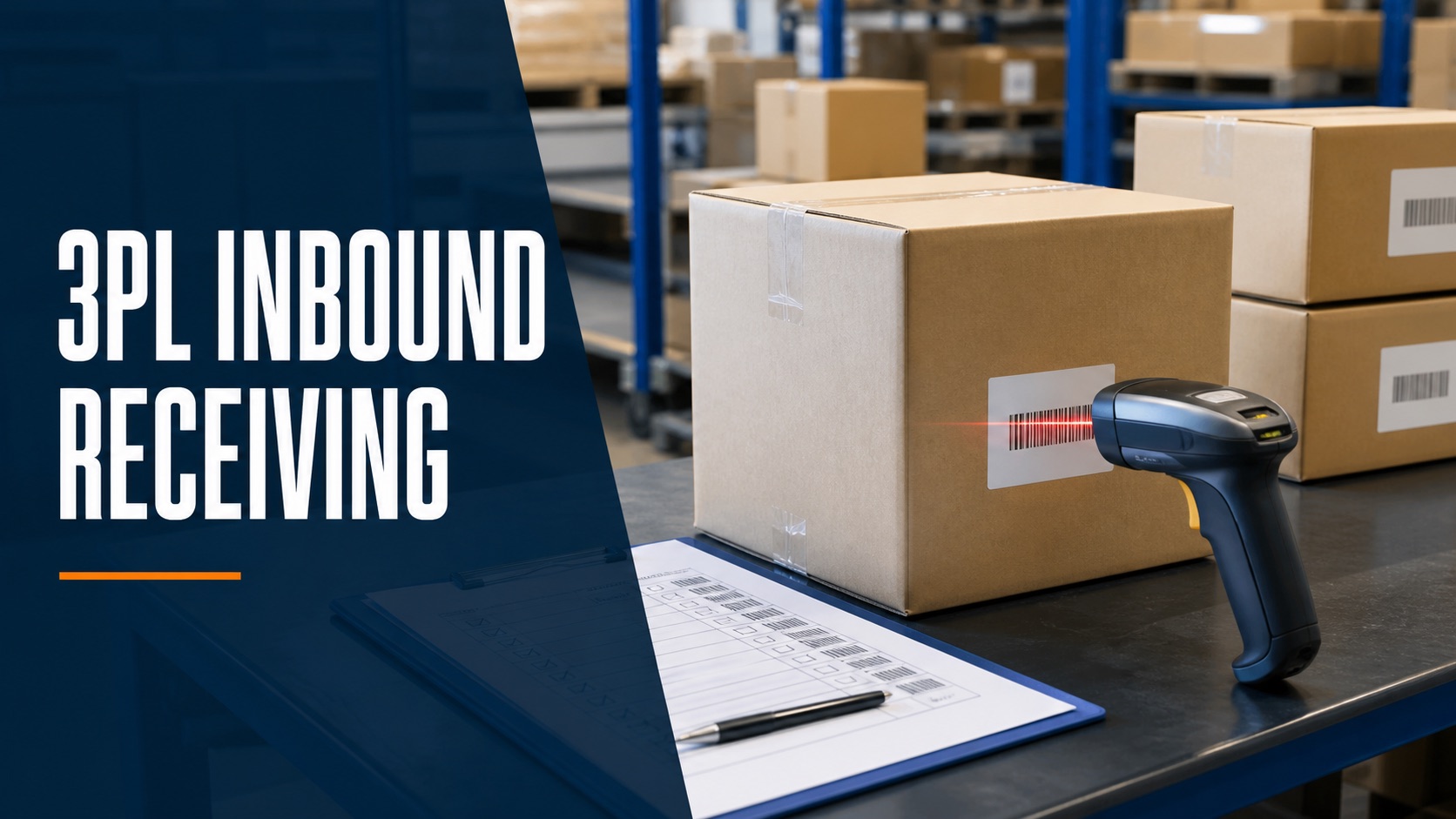 Conceptual 3PL inbound receiving workstation with factory carton, barcode scanner and receiving checklist.