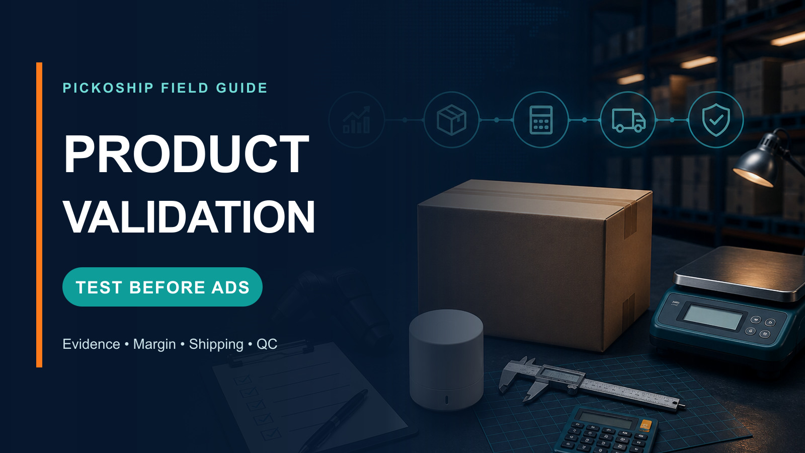 Dropshipping product validation workspace with parcel, checklist, scale and quality tools