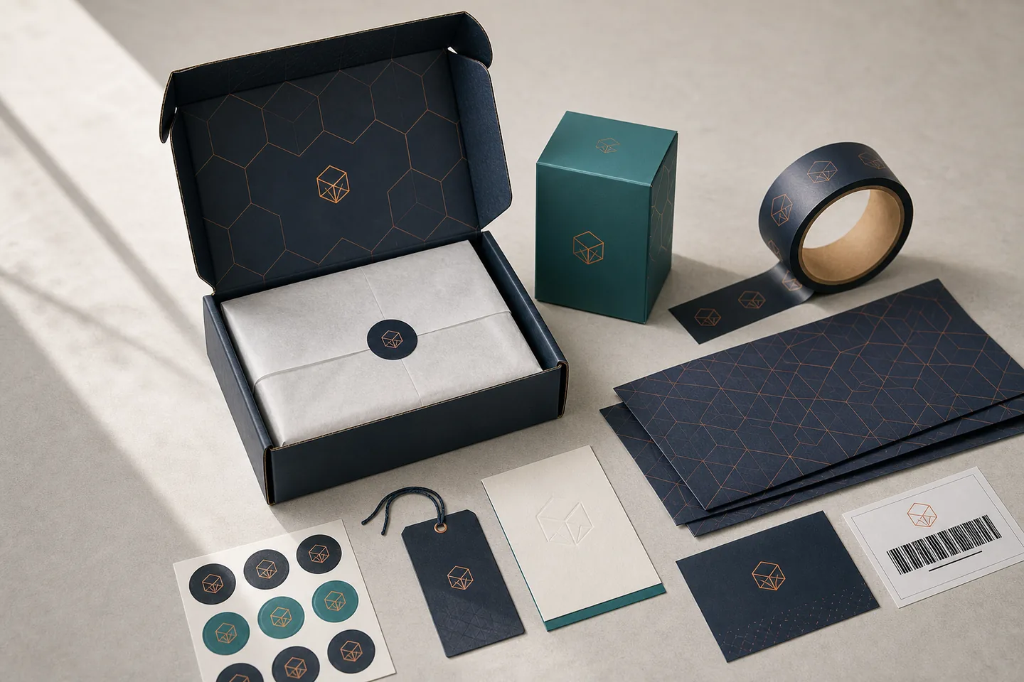 Custom mailer box with tissue paper, stickers, cards, hang tag and printed tape