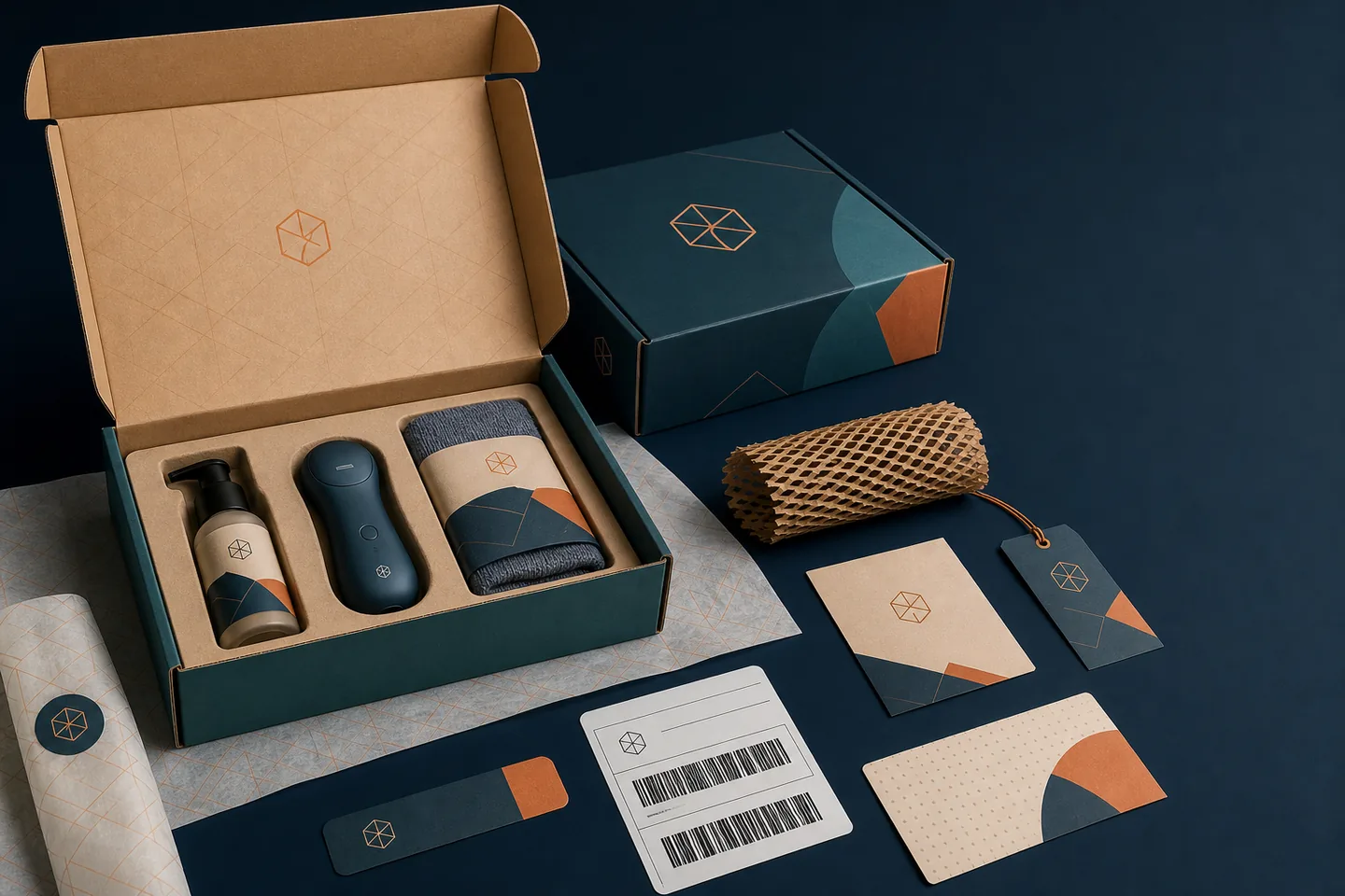 Custom product kit with fitted insert, printed box, card, hang tag and honeycomb protective wrap