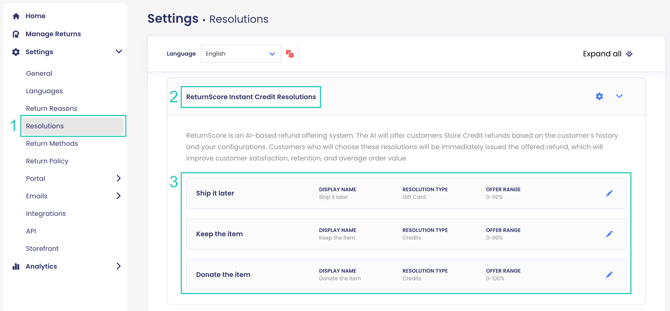 ReturnGO ReturnScore settings showing instant credit resolution options such as ship it later, keep the item, and donate the item