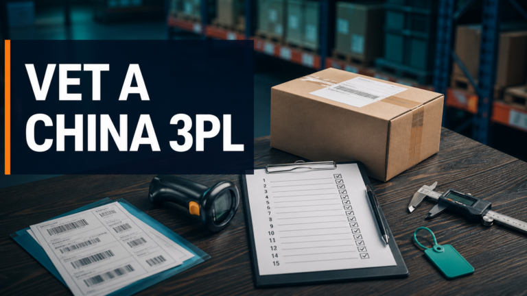 China fulfillment partner evaluation checklist with parcel, barcode scanner and audit clipboard